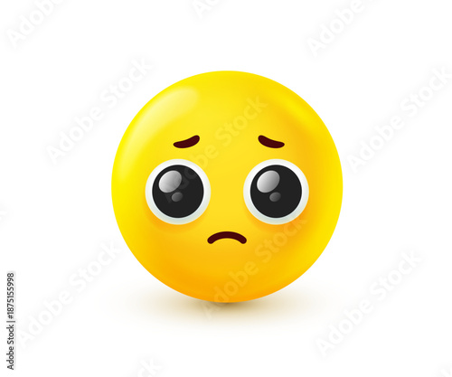 Vector illustration of yellow emoji with tear in eyes. Unhappy emotion smile face. 3d style design of sad emoticon. Unhappy and tearful mood. Funny smile character icon