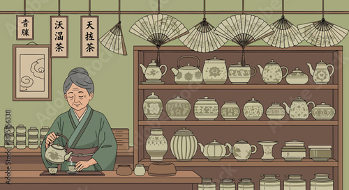Traditional Japanese Tea House With Teapots And Owner Character