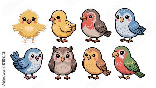 Enchanting Avian Assemblage: A delightful collection of diverse, charming, and artistically rendered cartoon birds. Each with its unique personality and captivating appearance.