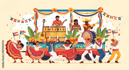 Vibrant Cultural Parade With Music And Traditional Dance Performance