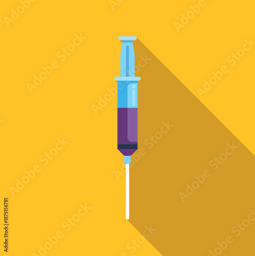 Syringe with purple liquid for injection on a yellow background, flat design