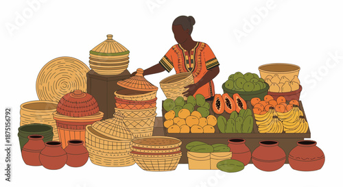 Vibrant Display Of Woven Baskets And Fresh Produce In A Market