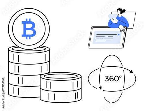 Cryptocurrency concept. Stacked Bitcoin symbol coins and digital interaction highlight cryptocurrency dynamics. Cryptocurrency evolving economic systems, digital finance, blockchain, virtual