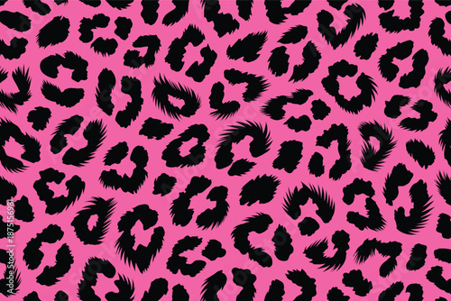 A vibrant pink leopard pattern illustration featuring bold animal prints and spots in a repeating design