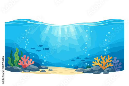 A concept design featuring an underwater ocean scene in pristine, clear water, illuminated by a ray of sunlight from the surface