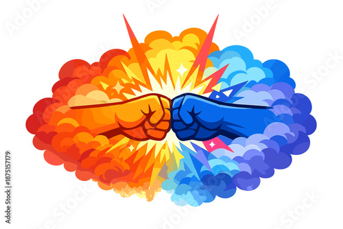 A vivid conceptual portrayal of connection via a fist bump, rendered in bold colors against a smoky backdrop of vibrant hues