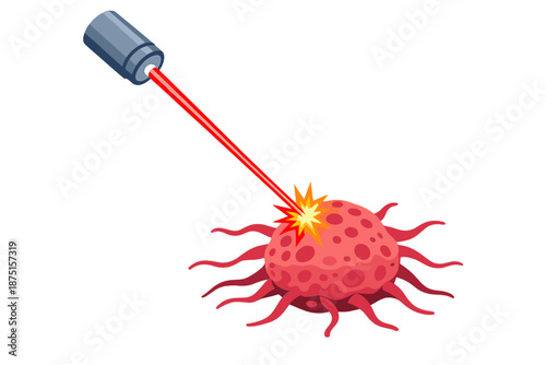 Laser beam aims at a cell with extending filaments