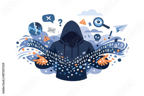 Digital disinformation chaos generator dispersing code and data particles across a surreal atmosphere