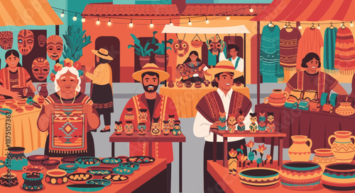 Vibrant Street Market Scene With Artisans Selling Traditional Crafts