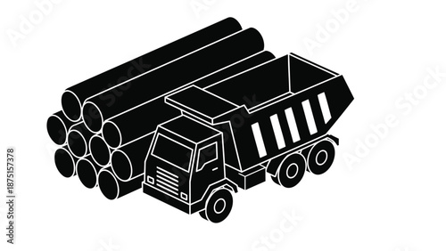 Black and white illustration of a dump truck carrying industrial pipes on a clean background for industrial or construction concepts