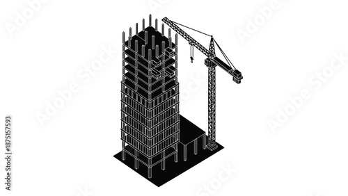A black and white illustration of a tall building under construction with a crane on the right side, showcasing industrial architecture