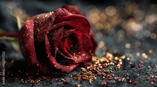 Close-up of a velvet-like red rose dusted with golden glitter, on a dark, textured backdrop