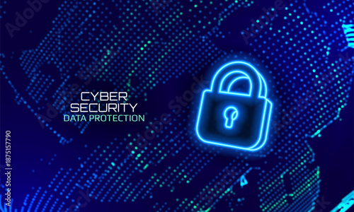 Cyber security shield with digital padlock icon. Data protection, secure access, digital encryption and online network security. Vector illustration.