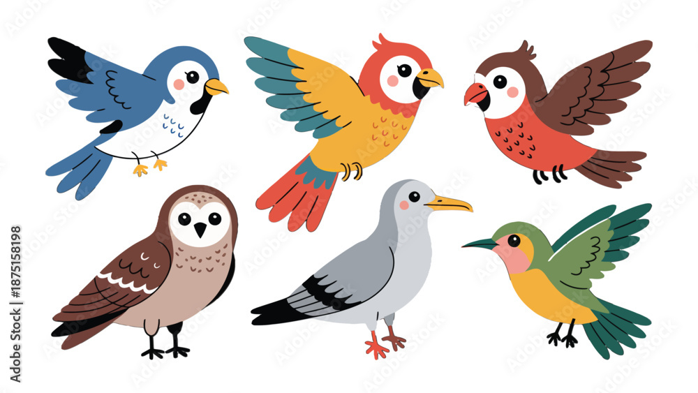 Obraz premium Colorful Aviary: A diverse gathering of lively birds, each with distinct features and hues, congregates, painting a vibrant and cheerful avian portrait.