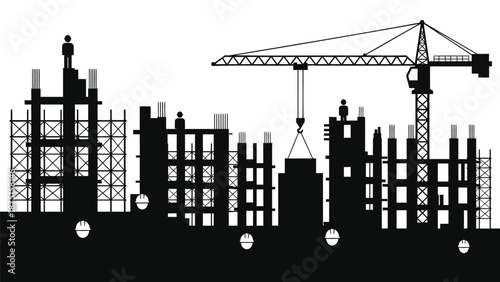 Black silhouette of a cityscape under construction with crane and workers on scaffolding against a white background