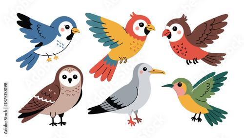 Colorful Aviary: A diverse gathering of lively birds, each with distinct features and hues, congregates, painting a vibrant and cheerful avian portrait.