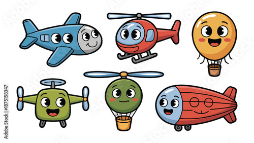 Whimsical Air Travel: A collection of cheerful and vibrant illustrations of various air vehicles, radiating joy and excitement.