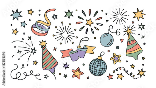 Festive Celebration Elements: A collection of festive elements, including sparkling stars, exploding fireworks, and party hats, joyfully arranged for celebratory occasions. 