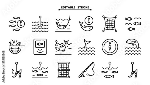 Fishing vector icon set. Catch, rod, net, fish outlines with editable stroke. Isolated on white.