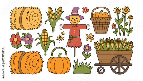Autumn Harvest Collection: A collection of autumn-themed illustrations, showcasing the essence of fall season, includes a scarecrow, pumpkins, hay bales, and corn.