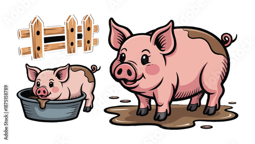 Pigs on Farm: Animated pink pig in a farm with a cheerful depiction of a piglet and a fence, with a focus on their joyful expressions and vibrant illustrations.