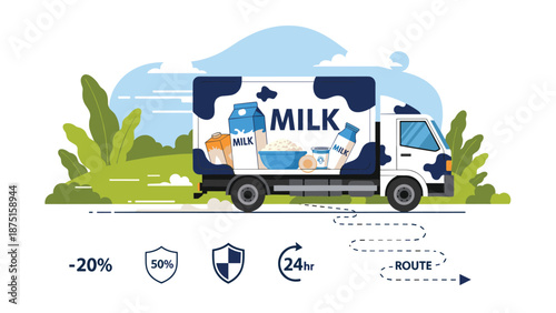 Delivery truck with milk graphics driving along a route with service icons and a countryside landscape in the background.