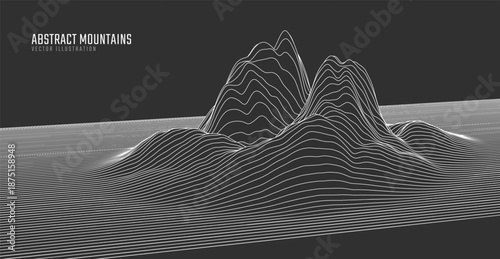 Contour mountain landscape. Waved line art. Abstract minimal topographic map. Contour lines with elevations and terrain depth. Vector illustration.