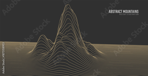 Contour mountain landscape. Waved line art. Abstract minimal topographic map. Contour lines with elevations and terrain depth. Vector illustration.