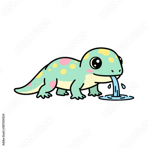Colorful spotted dinosaur drinking water from a puddle cartoon
