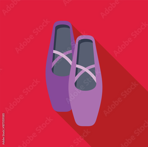 Flat design illustration showing a pair of purple ballet pointe shoes on a red background