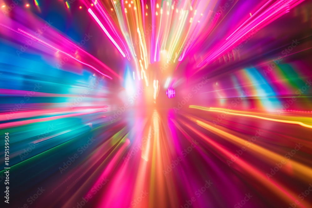 Obraz premium Colorful Moving Lights exploding in radial pattern with neon streaks and glowing motion blur in a vibrant abstract background
