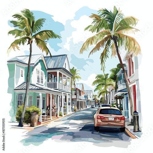 Key West?s Duval Street. Key West?s Duval Street hand drawn watercolor illustration