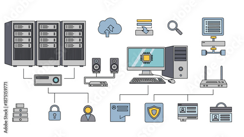 Detailed server network diagram showing computer systems connected to various icons for security data and storage.