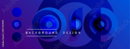 Abstract design features overlapping circles, gradients. Purple, blue hues dominate composition. Text reads background and design. Modern aesthetic.