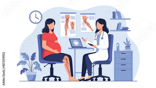 Pregnant woman sitting in a doctor office for a medical consultation about leg vein health with posters on the wall.