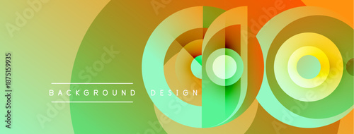 Abstract geometric layers create vibrant background. Green, yellow, orange hues blend smoothly, forming circular shapes. Modern design element.