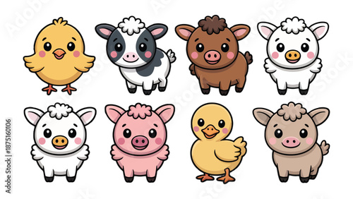 Cute Farm Animals Collection: Adorable assortment of farm animals including chicks, cow, calf, pig and sheep. capturing the charming simplicity and inviting warmth.