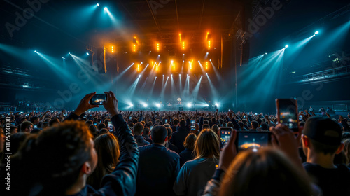 A crowd of people taking pictures of a concert with their cell phones