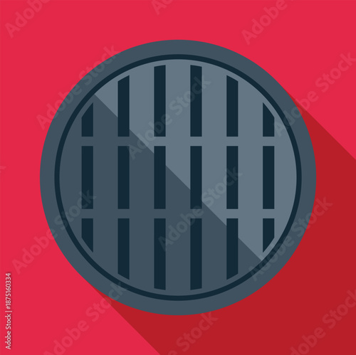 Round metal manhole cover with grate protecting utility access in flat design