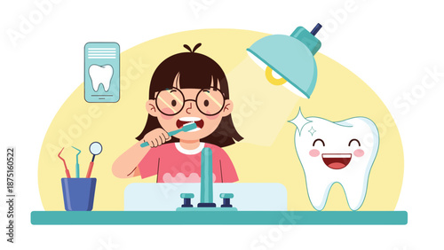 Girl wearing glasses brushing her teeth at a bathroom sink with dental tools and a happy tooth character nearby.