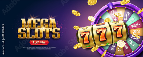 Mega Slots. Casino banner or poster with slot machine and golden coins on a bright background. Vector illustration.