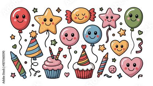 Playful Party Assortment: A delightful collection of charming, smiling balloons, stars, cupcakes, candies, and festive decorations, perfect for birthdays and celebrations.