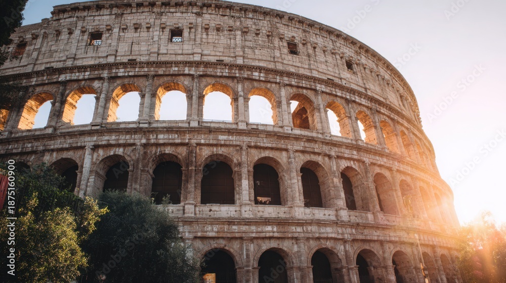 Fototapeta premium Colosseum in Rome at sunset, warm golden sky, dramatic shadows, iconic ancient architecture, cinematic atmosphere, high quality travel photography