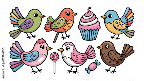 Whimsical Delights: A collection of cheerful birds and sweet treats dance together, evoking a sense of pure delight.