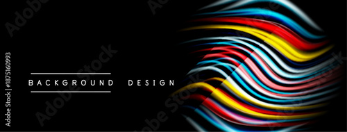 Abstract colorful lines form wave pattern. Black background provides strong contrast, modern design element. Simple text labels bottom left corner.