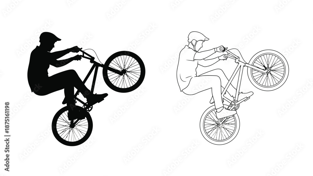 Fototapeta premium silhouette and line art of bmx riders performing tricks