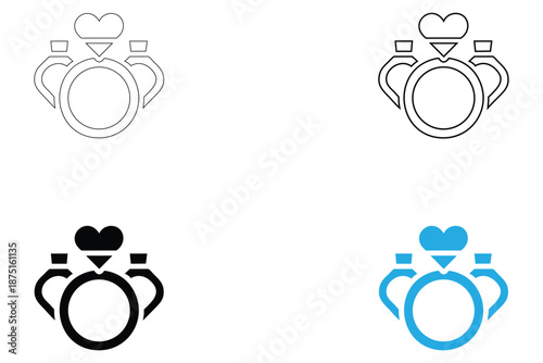 couple ring icon vector, love ring diamond ring, engagement ring symbol vector, silhouette and line art