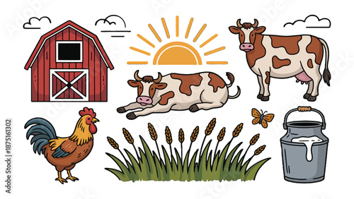 Farm Life Collection: A charming collection of farm elements, including a rustic barn, grazing cows, a proud rooster, a metal milk can, a radiant sun, and a delicate butterfly.
