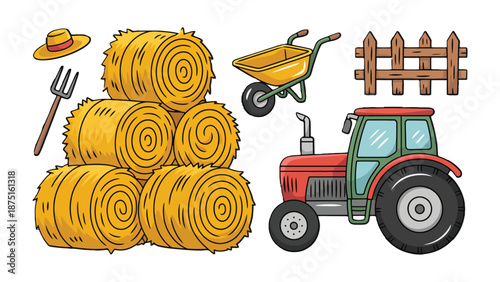 Farm Equipment Array: A colorful illustration showcasing essential farming elements, depicting stacked hay bales, a red tractor, a yellow wheelbarrow, a wooden fence, a straw hat, and a pitchfork.