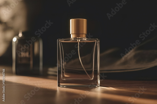 Elegant Glass Man Perfume Bottle with Golden Cap on a Dark Background